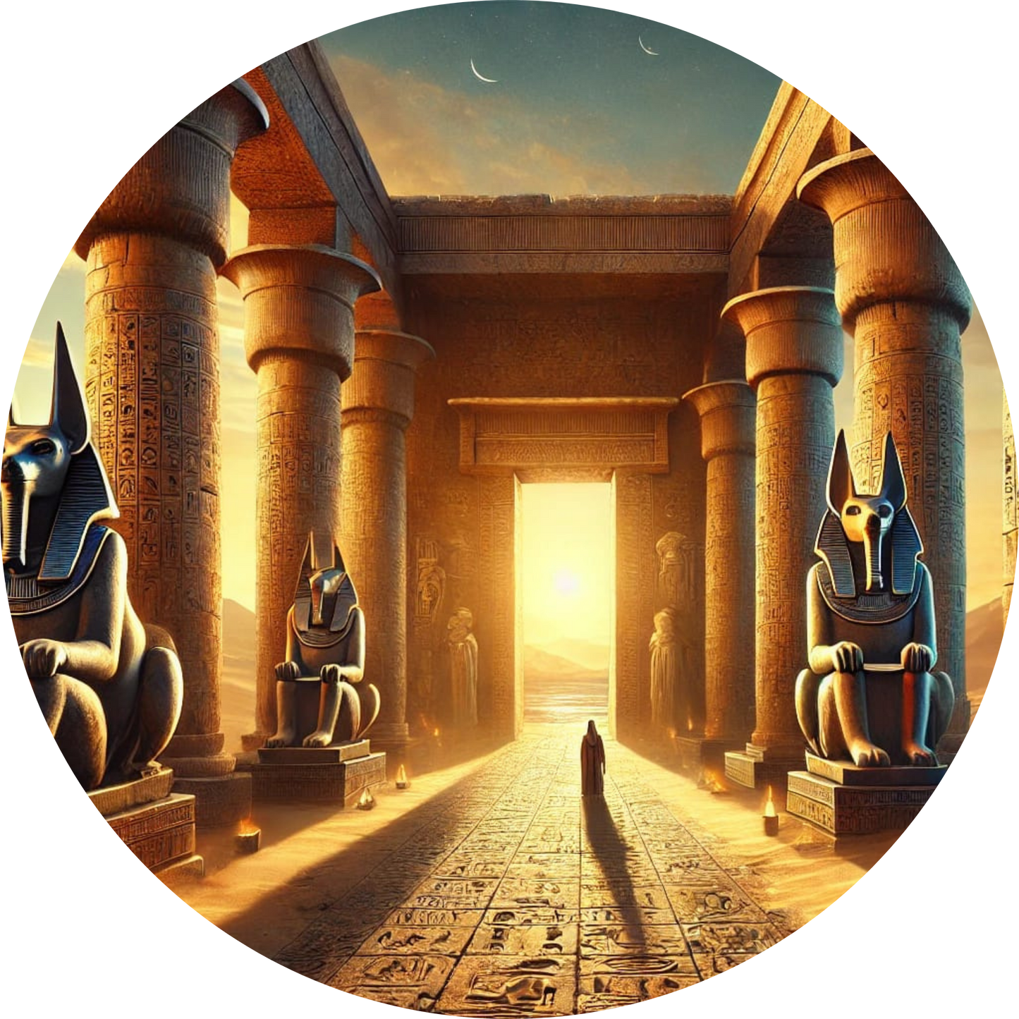 Imposanter Tempelgang mit Sonnenlicht am Ende eines langen Flurs