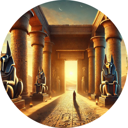 Imposanter Tempelgang mit Sonnenlicht am Ende eines langen Flurs