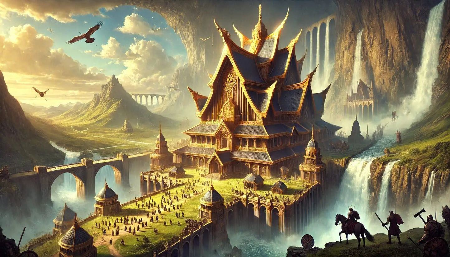 Fantastische Tempelstadt auf einem sonnendurchfluteten Hochplateau – Symbol für Weisheit, Naturverbundenheit und uralte nordische Spiritualität.