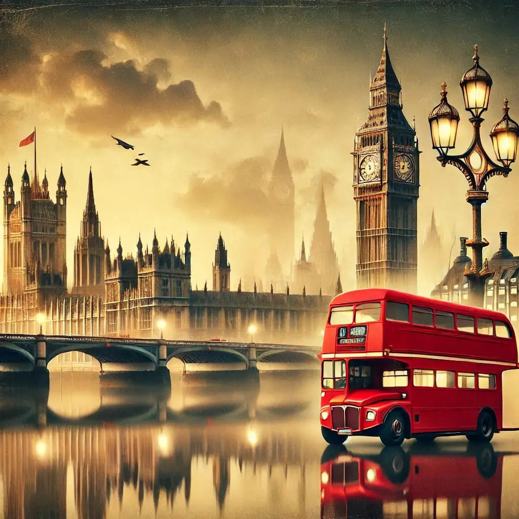 London bei Sonnenuntergang mit Themse und Big Ben – Stimmungsvoll beleuchtete Szene mit roten Bussen und Flussufer.