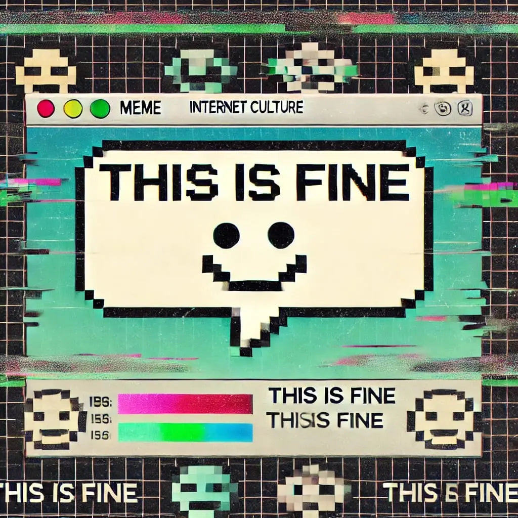 Pixelmotiv „This is Fine“ – Retro-Grafik mit klassischer Fehlermeldung und ironischem „This is fine“-Text im Pixelstil.
