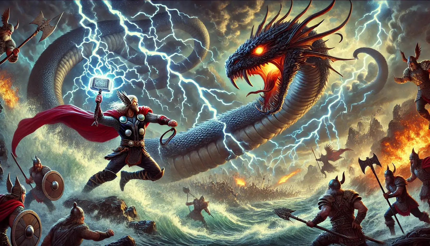 Thor kämpft gegen Weltenschlange – epischer Mythos.