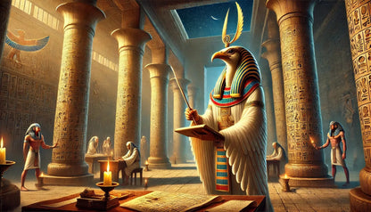 Detailreiche Szene mit der ägyptischen Gottheit Thot, dargestellt mit Falkenkopf und Schreibutensilien, umgeben von Gelehrten in einem reich verzierten Tempel mit Hieroglyphen.