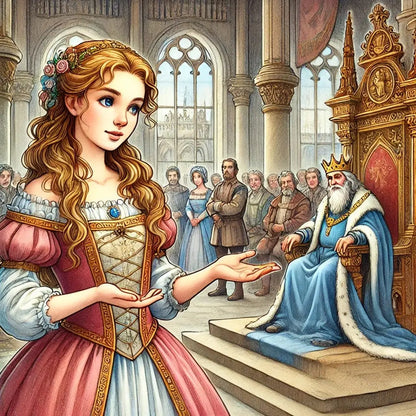 Eine edle Prinzessin steht im Thronsaal vor dem König und seinen Beratern. Die Szene erinnert an klassische Märchengerichte.