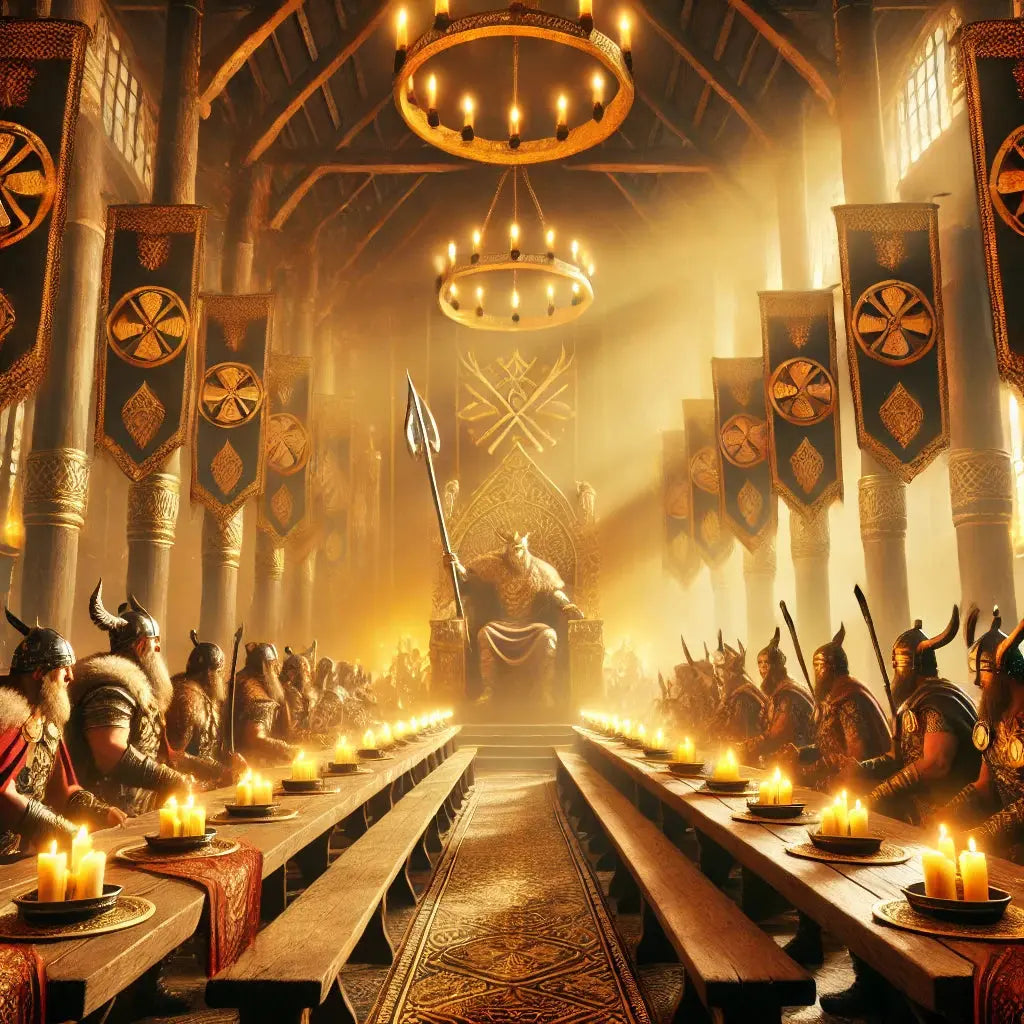 Goldener Thronsaal mit mystischer Aura – Eine monumentale Halle mit goldenen Säulen, einer geöffneten Tür am Ende und einem einsamen Wanderer in weiter Ferne.