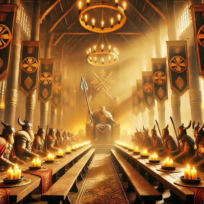 Goldener Thronsaal mit mystischer Aura – Eine monumentale Halle mit goldenen Säulen, einer geöffneten Tür am Ende und einem einsamen Wanderer in weiter Ferne.