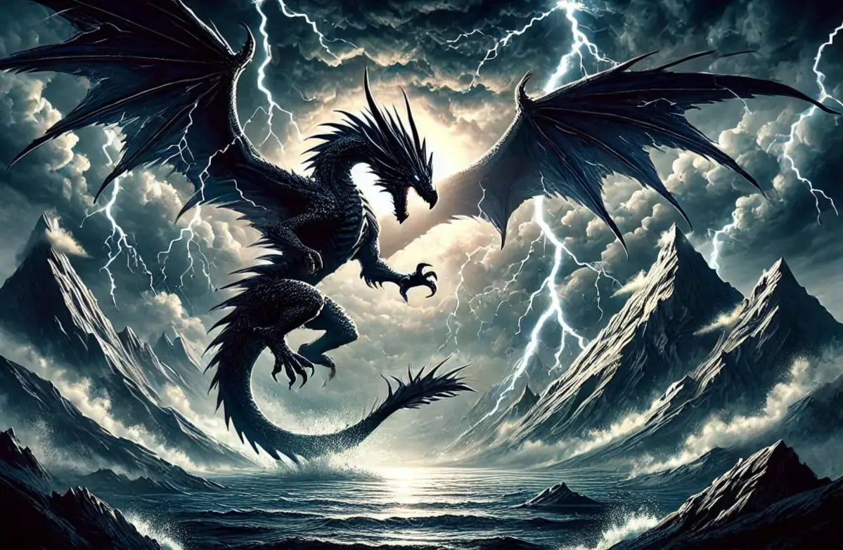 Schwarzer Drache inmitten eines Gewitters. Im Hintergrund Berge.