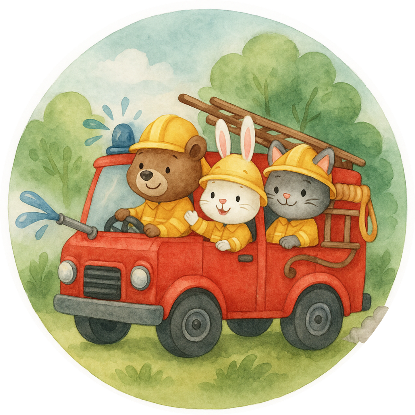 Drei Tiere als Feuerwehrmänner in einer Feuerwehr im Kinderbuch Stil