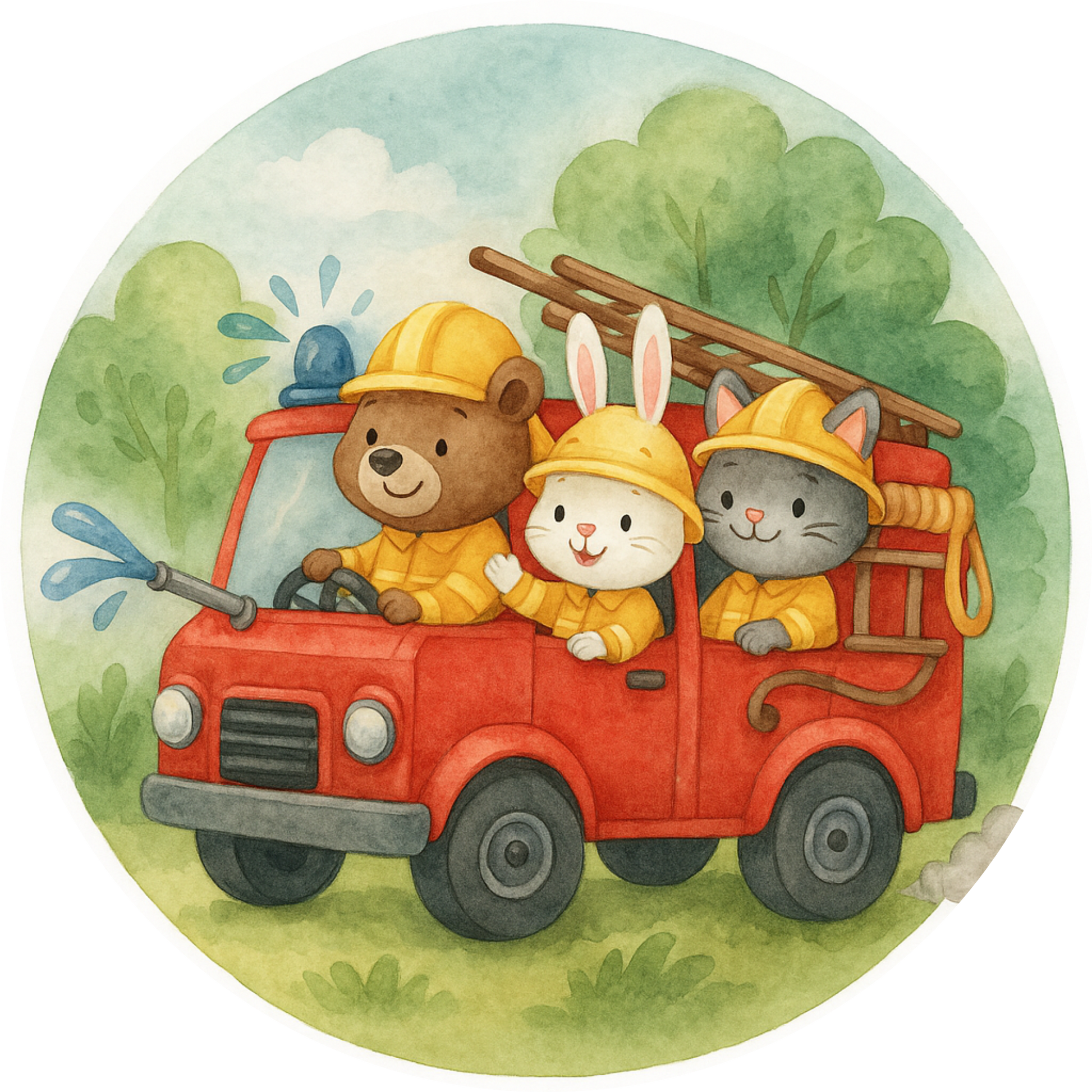 Drei Tiere als Feuerwehrmänner in einer Feuerwehr im Kinderbuch Stil