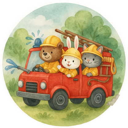 Drei Tiere als Feuerwehrmänner in einer Feuerwehr im Kinderbuch Stil