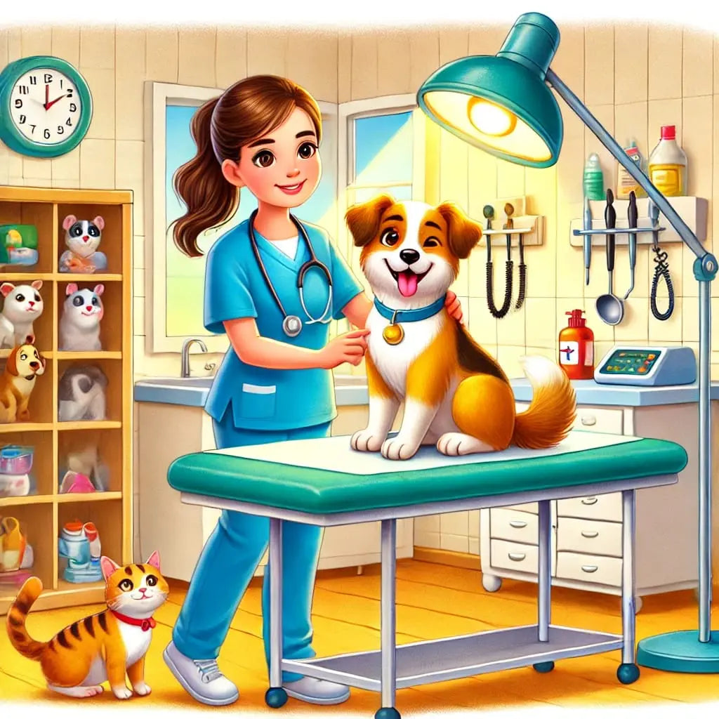 Tierärztin untersucht einen fröhlichen Hund in der Praxis