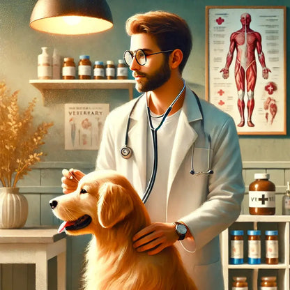 Tierarzt mit Hund
Essbarer Tortenaufleger im DIN A4 Format – Motiv eines Tierarztes beim Abhören eines Golden Retrievers, freundlich, vertrauensvoll und herzlich

