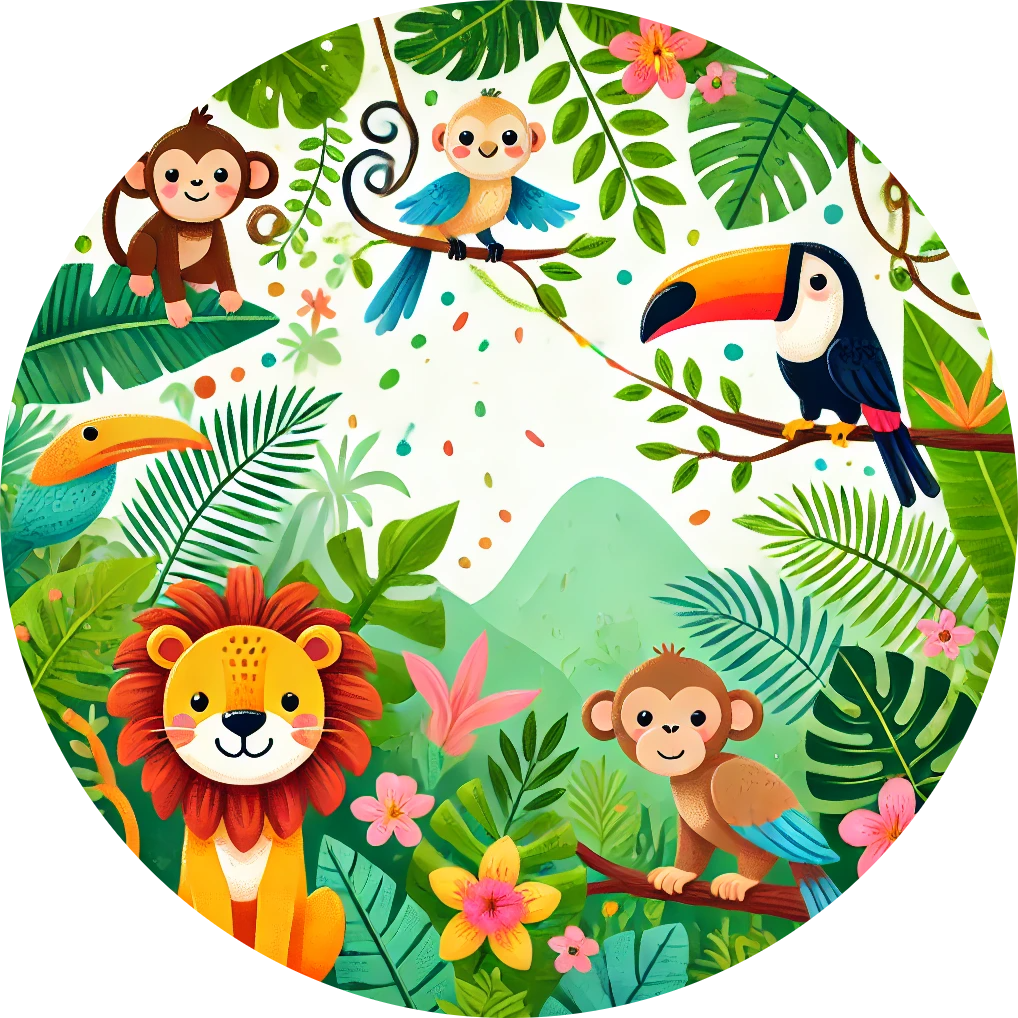 Dschungelszene mit fröhlichen Tieren wie Löwe, Papagei und Zebra – bunte Tiercollage