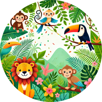 Dschungelszene mit fröhlichen Tieren wie Löwe, Papagei und Zebra – bunte Tiercollage