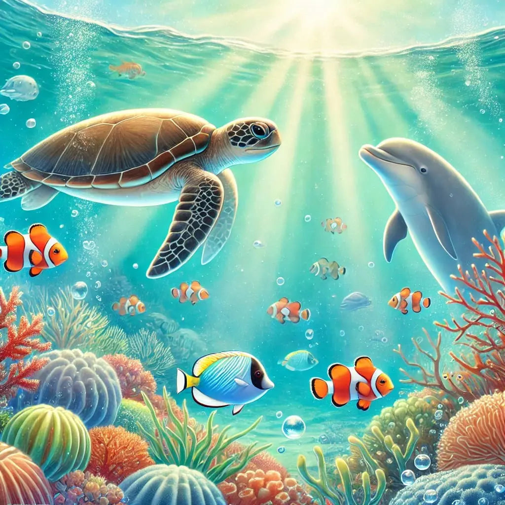 Meeresschildkröte, Delfin und Clownfisch im tropischen Ozean.

