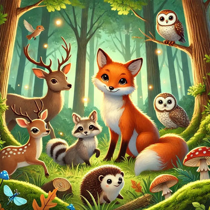 Nachtwald mit Fuchs, Eule und weiteren Waldtieren.