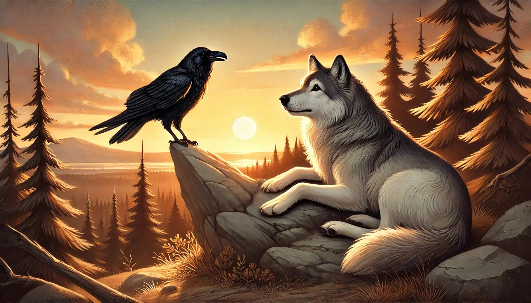 Wolf und Rabe auf einem Felsen bei Sonnenuntergang