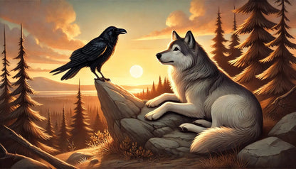 Wolf und Rabe auf einem Felsen bei Sonnenuntergang