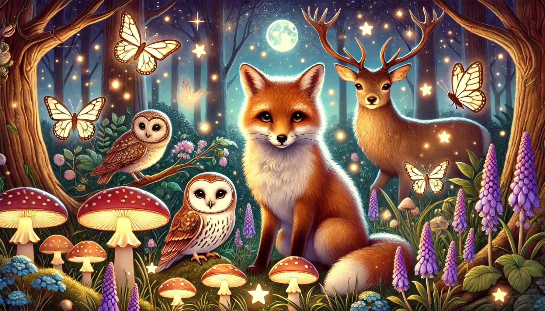 Tierfreunde im nächtlichen Zauberwald mit Fuchs, Eule & Reh.