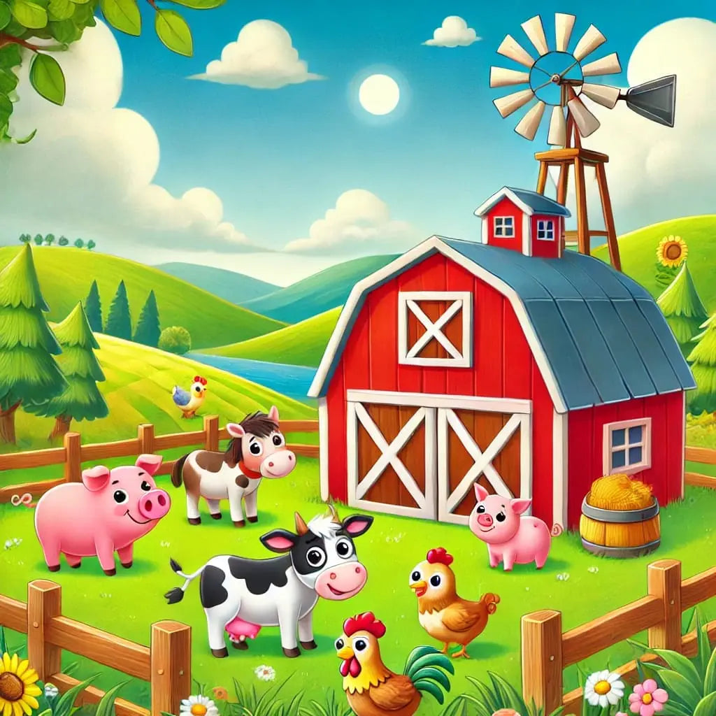 Tierkinder auf einer Weide mit rotem Stall und Bergkulisse.