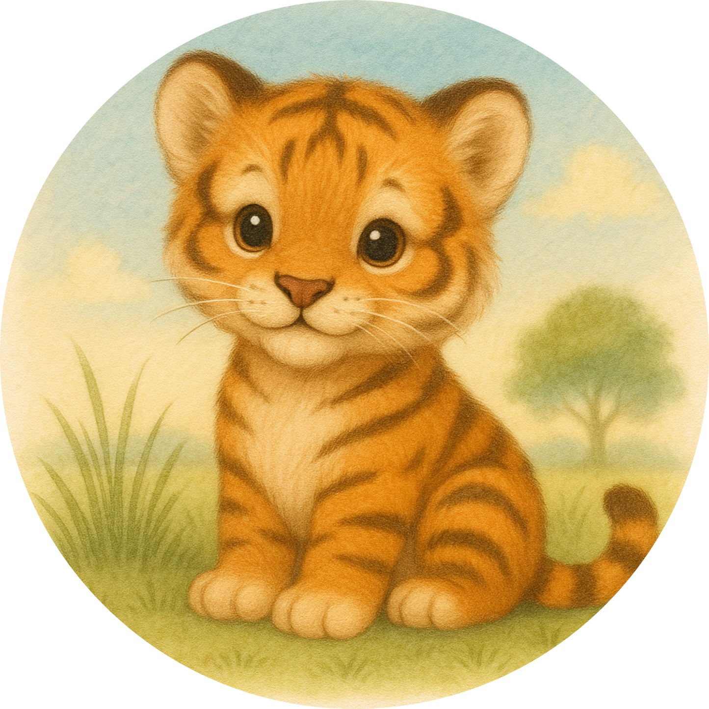 Tigerjunges mit Streifen sitzt auf Wiese vor Himmel