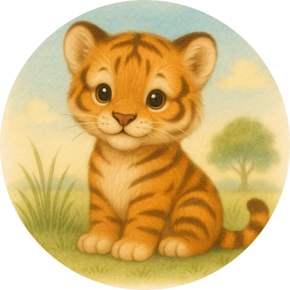 Tigerjunges mit Streifen sitzt auf Wiese vor Himmel