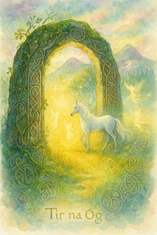 Mystisches Aquarellbild eines weißen Pferdes vor einem keltisch verzierten Steinbogen, der in das sagenhafte Feenreich Tir na nÓg führt – mit leuchtenden Feenwesen, magischem Licht und keltischen Symbolen, inspiriert von irischer Mythologie.