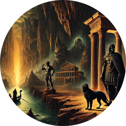 Griechisch inspirierte Szene mit Tempel und mystischen Wesen im Höhleninneren