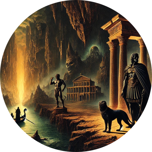 Griechisch inspirierte Szene mit Tempel und mystischen Wesen im Höhleninneren