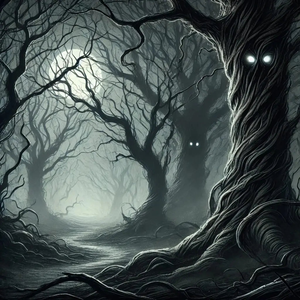 Verwunschener Waldweg bei Nebel, düstere Bäume mit geisterhaften Fratzen und leuchtenden Augen – unheimlich und atmosphärisch.