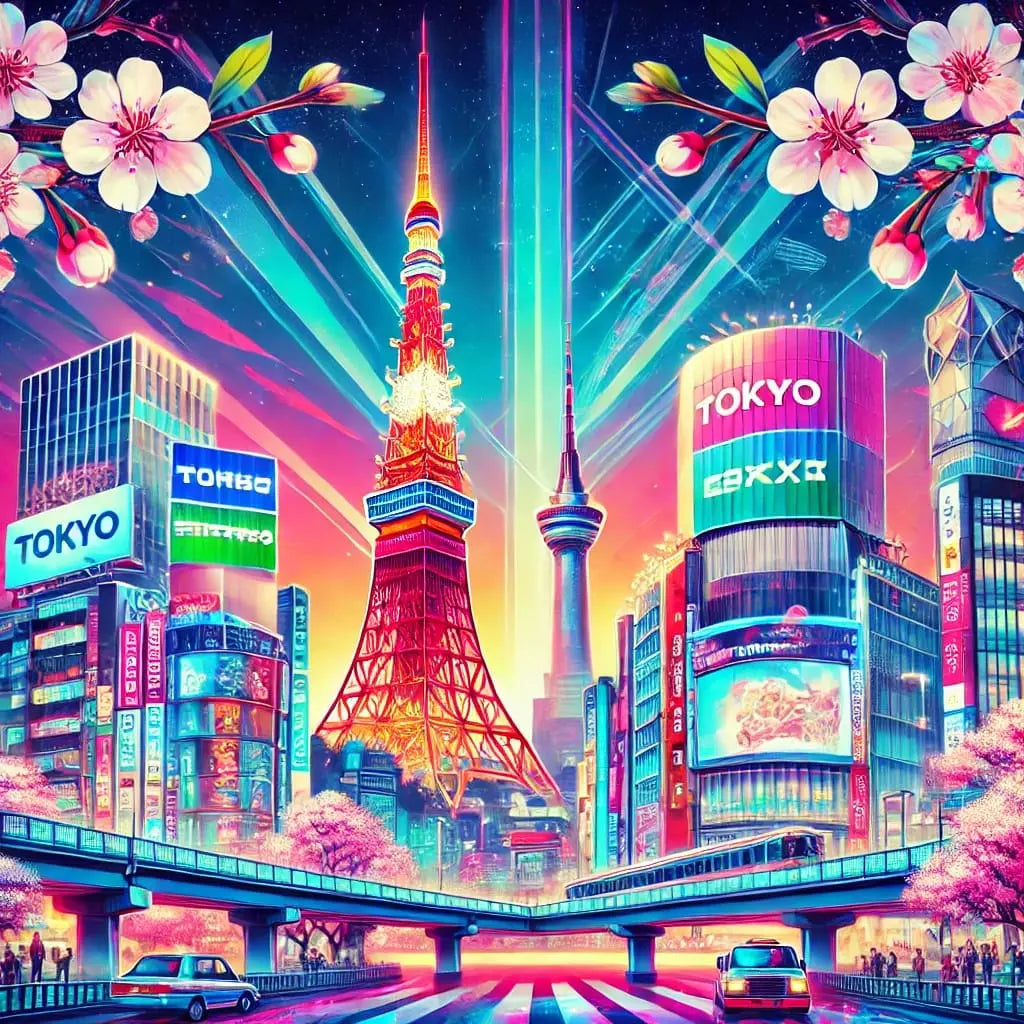 Tokio bei Nacht mit Neonlichtern und Kirschblüten – Farbstarkes Szenario mit urbaner Energie und japanischem Stil.
