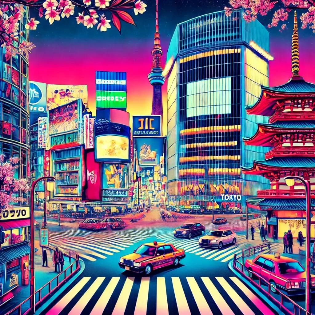 Shibuya Crossing in Tokio mit Neonlichtern – Lebendige Szene mit Hochhäusern, Reklame und Großstadtatmosphäre.