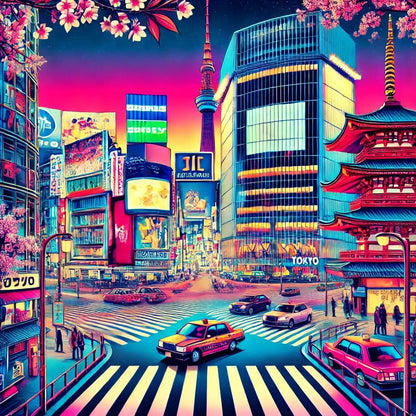 Shibuya Crossing in Tokio mit Neonlichtern – Lebendige Szene mit Hochhäusern, Reklame und Großstadtatmosphäre.