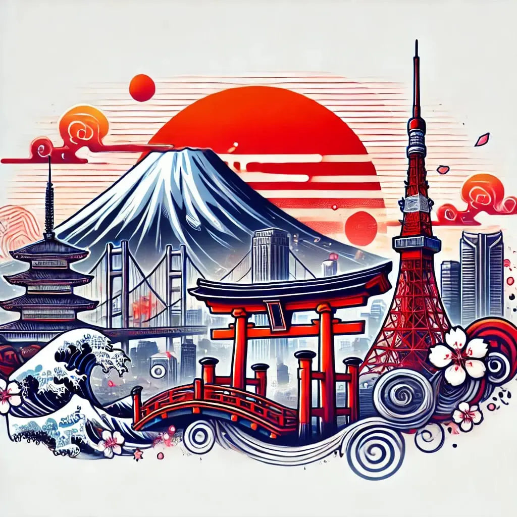 Illustration mit japanischen Wahrzeichen – roter Torii, Pagode, Tokyo Tower und der schneebedeckte Fuji im Hintergrund. Sonnenuntergang in harmonischen Rottönen.