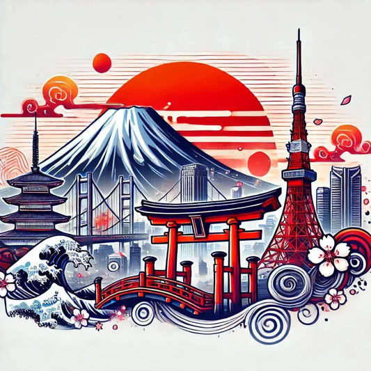 Illustration mit japanischen Wahrzeichen – roter Torii, Pagode, Tokyo Tower und der schneebedeckte Fuji im Hintergrund. Sonnenuntergang in harmonischen Rottönen.