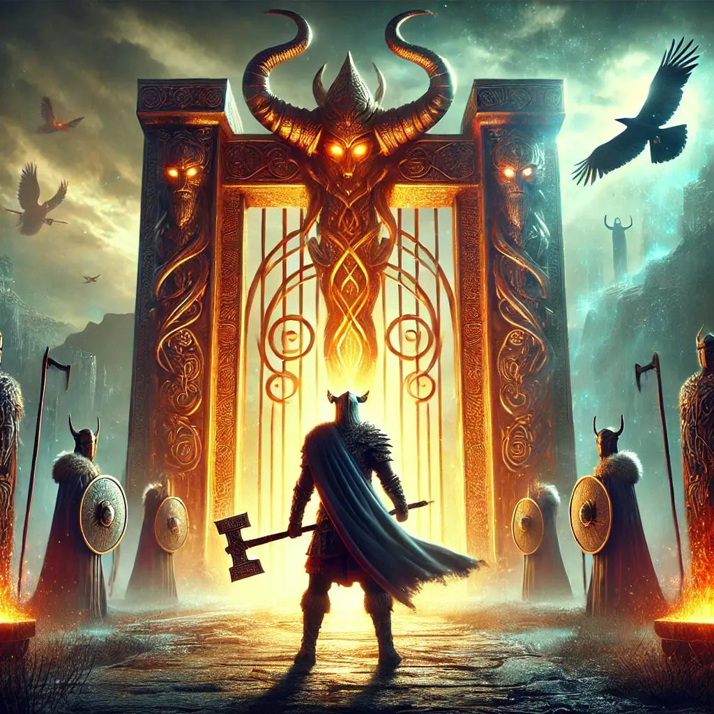 Imposantes Tor mit einem gehörnten Wächter in rot-goldenem Licht – Sinnbild für die Schwelle zu einer göttlichen oder dämonischen Welt.