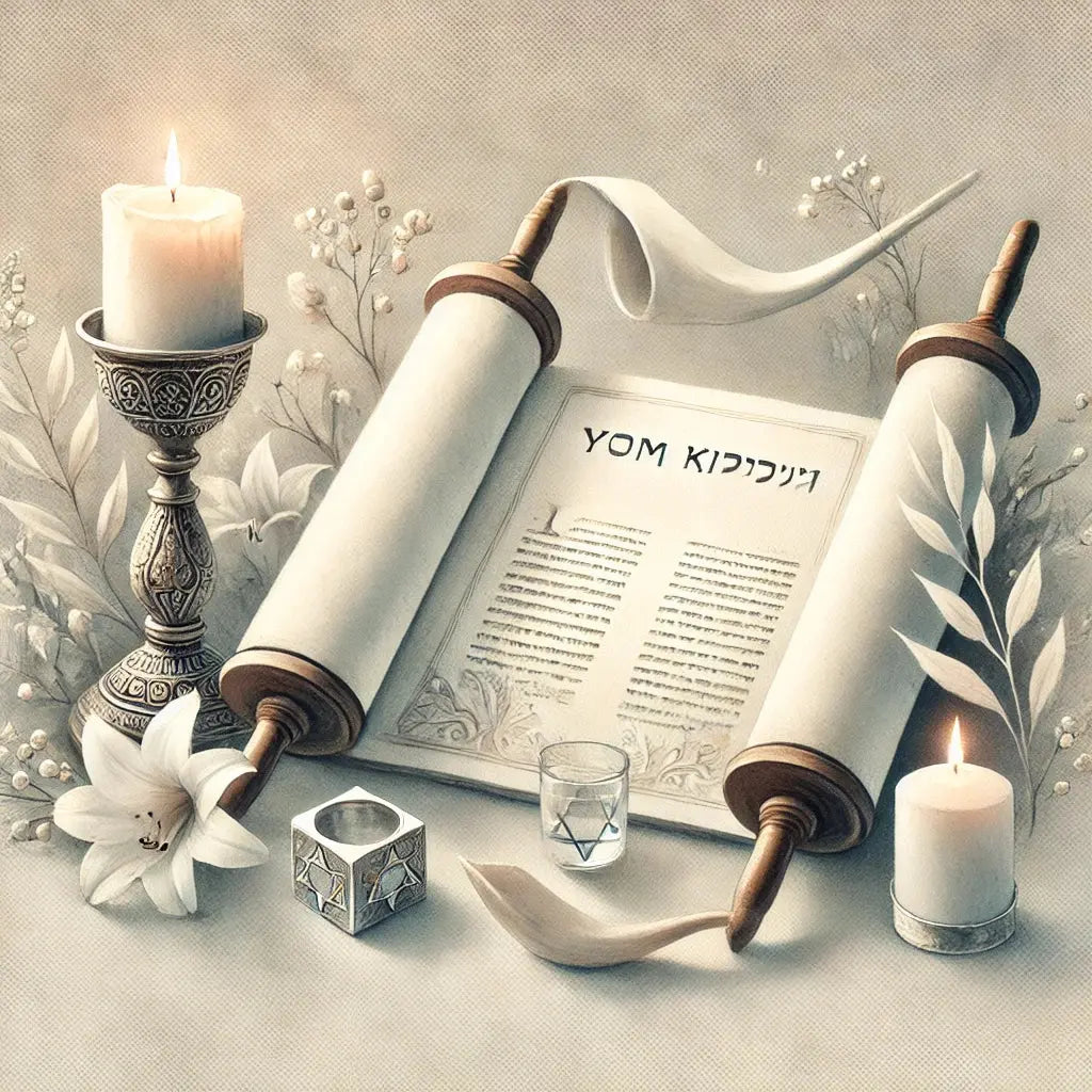 Jüdische Tora-Rolle & Kerzen – Weiß-blaues Bild mit einer geöffneten Tora-Rolle, Kerzen, Davidstern-Würfeln und dezentem Blumenschmuck.