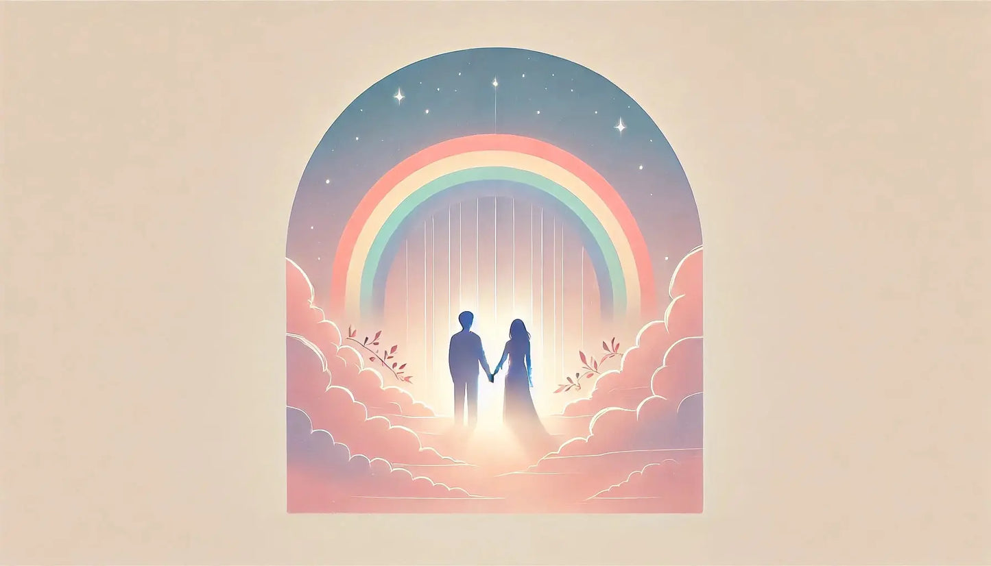 Zwei Personen unter einem Regenbogen-Torbogen in zarten Pastellfarben, Symbol für gemeinsame Wege und queere Liebe.