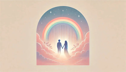 Zwei Personen unter einem Regenbogen-Torbogen in zarten Pastellfarben, Symbol für gemeinsame Wege und queere Liebe.