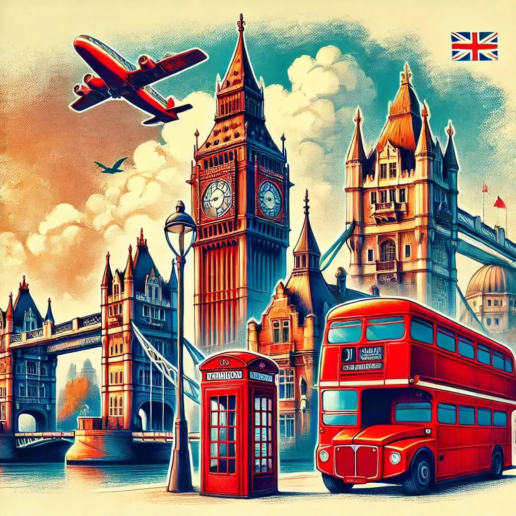 London-Motiv mit Doppeldeckerbus und Flugzeug – Klassisches Großbritannien-Design mit Union Jack, Big Ben und Tower Bridge.
