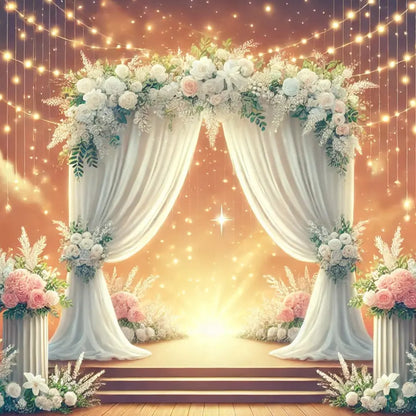 Romantisch dekorierter Hochzeitsbogen mit weißen Stoffbahnen und floralen Arrangements – stimmungsvoll beleuchtet auf einer kleinen Bühne.