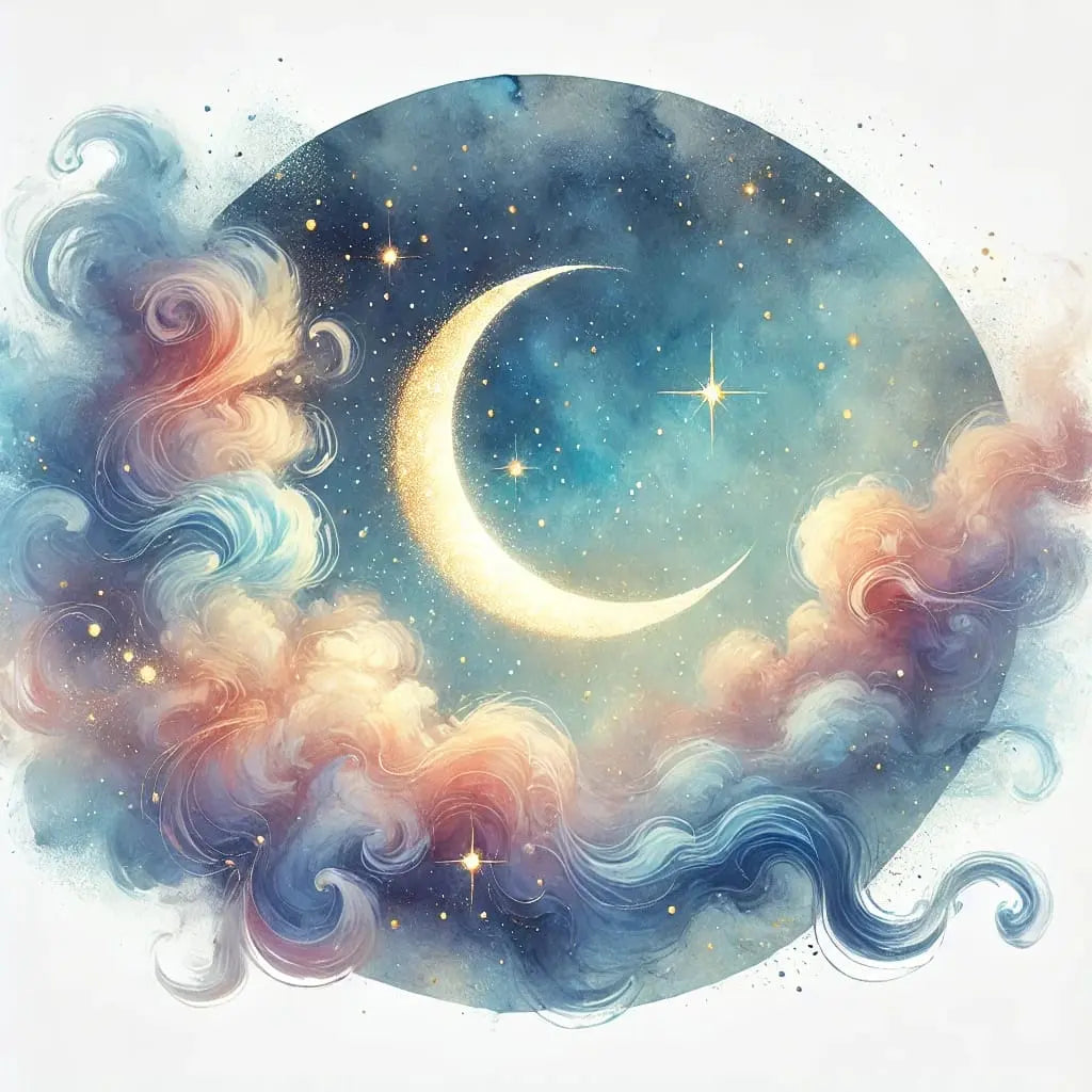 Traumhafte Galaxie mit leuchtendem Mond und Sternennebel in sanften Farben.