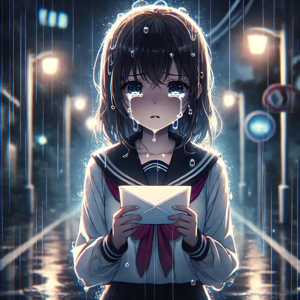 Mädchen mit kurzen Haaren liest einen Brief mit ernster Miene, umgeben von Schatten und geheimnisvollem Licht.