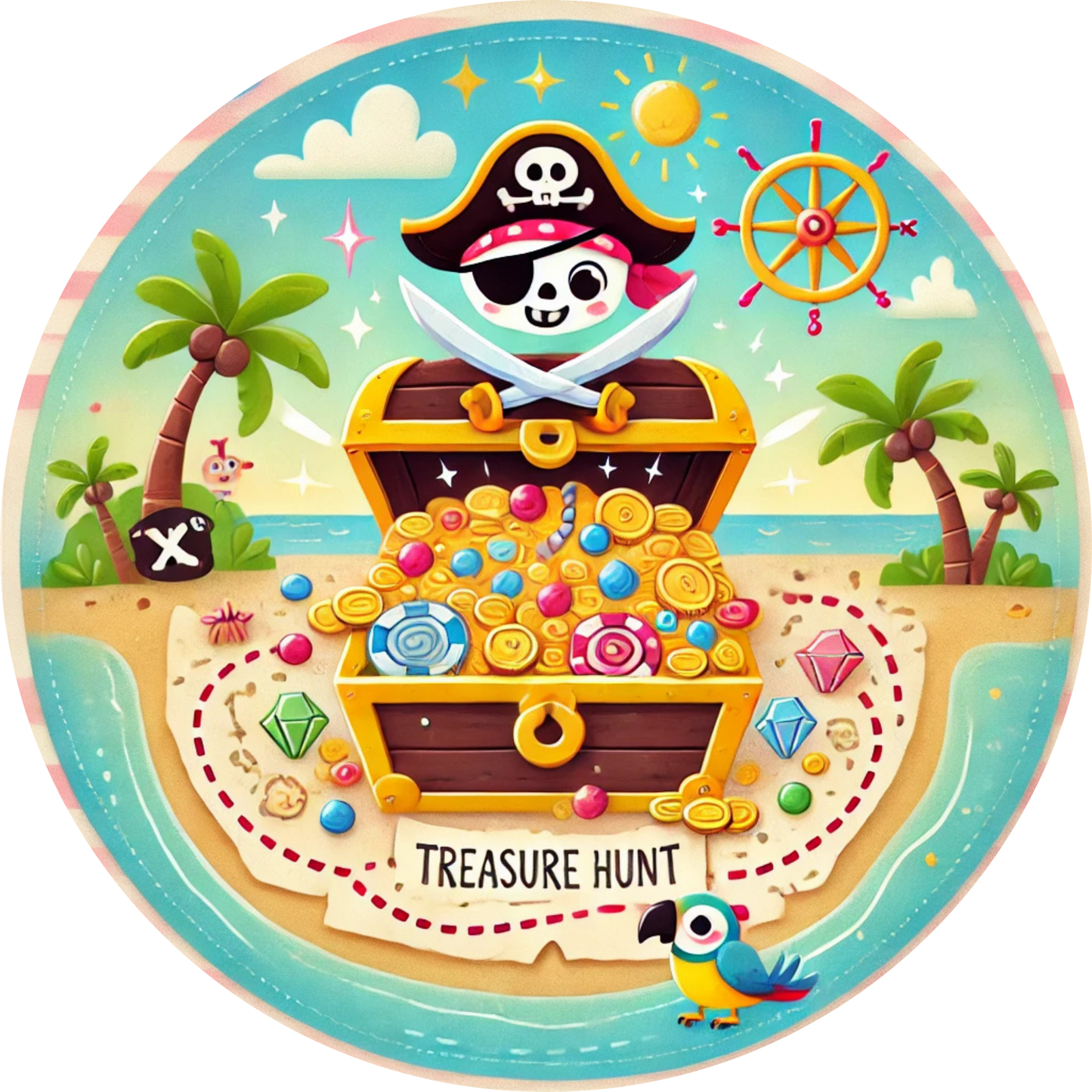 Fröhliches Piratenmotiv mit Schatztruhe, Totenkopf und buntem Stranddesign – „Treasure Hunt“