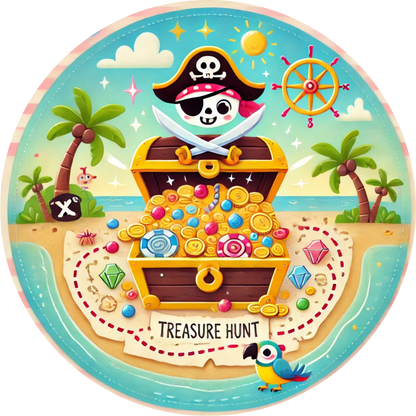 Fröhliches Piratenmotiv mit Schatztruhe, Totenkopf und buntem Stranddesign – „Treasure Hunt“