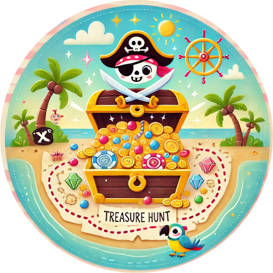 Fröhliches Piratenmotiv mit Schatztruhe, Totenkopf und buntem Stranddesign – „Treasure Hunt“