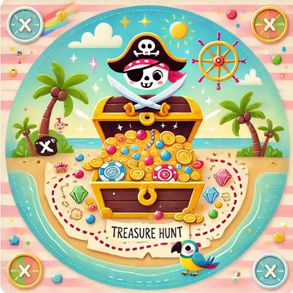 Rundes Design mit Totenkopf und Piratenschatz – „Treasure Hunt!“-Schriftzug