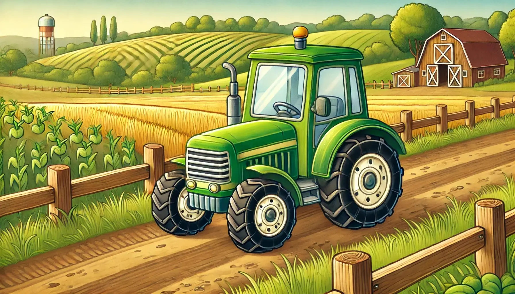 Grüner Traktor fährt über ein Feld mit Bäumen und Bergen im Hintergrund.
