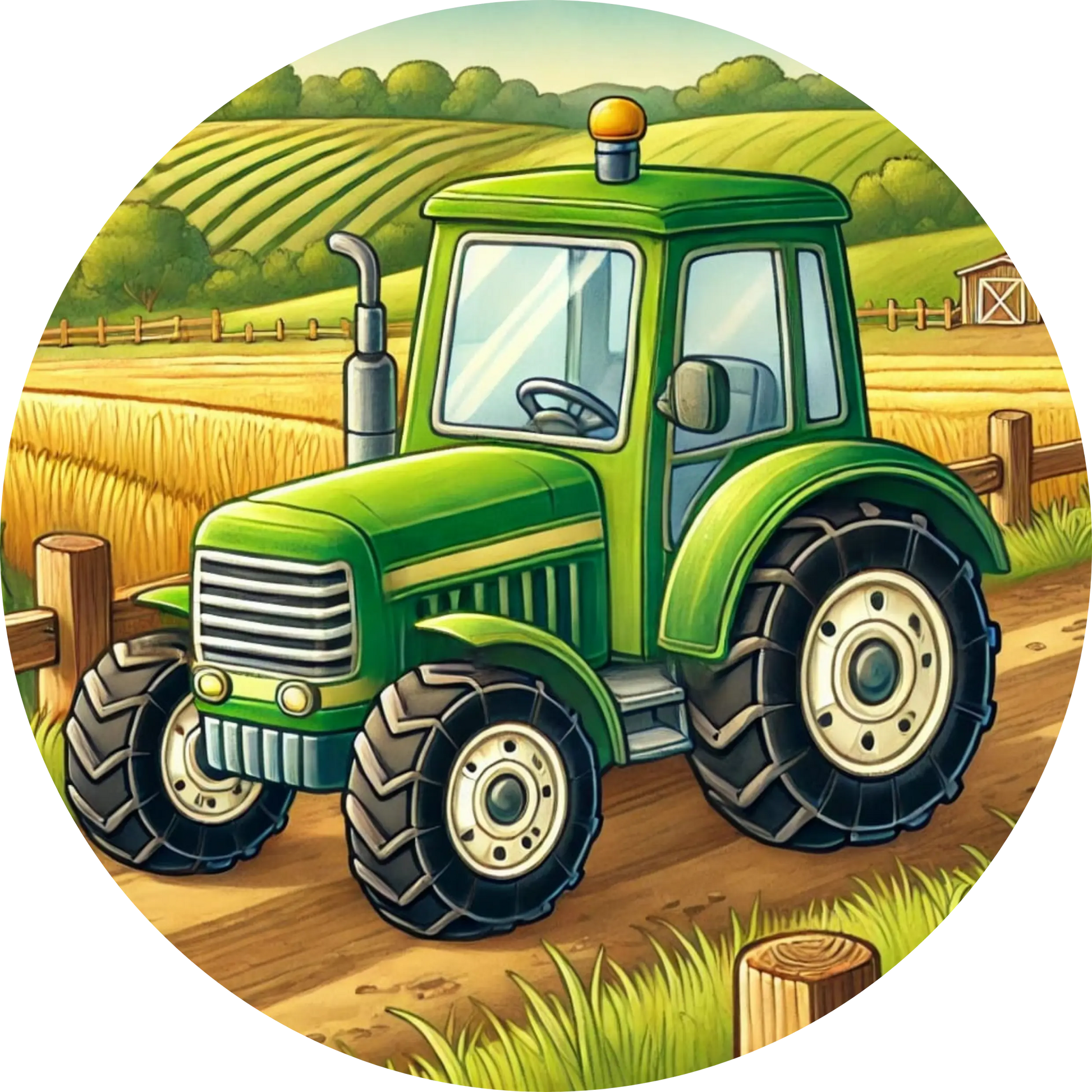 Grüner Traktor auf einem Feld, ländliche Szene mit Ackerbau.