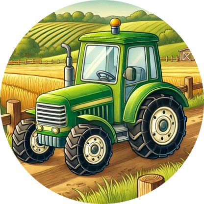 Grüner Traktor auf einem Feld, ländliche Szene mit Ackerbau.